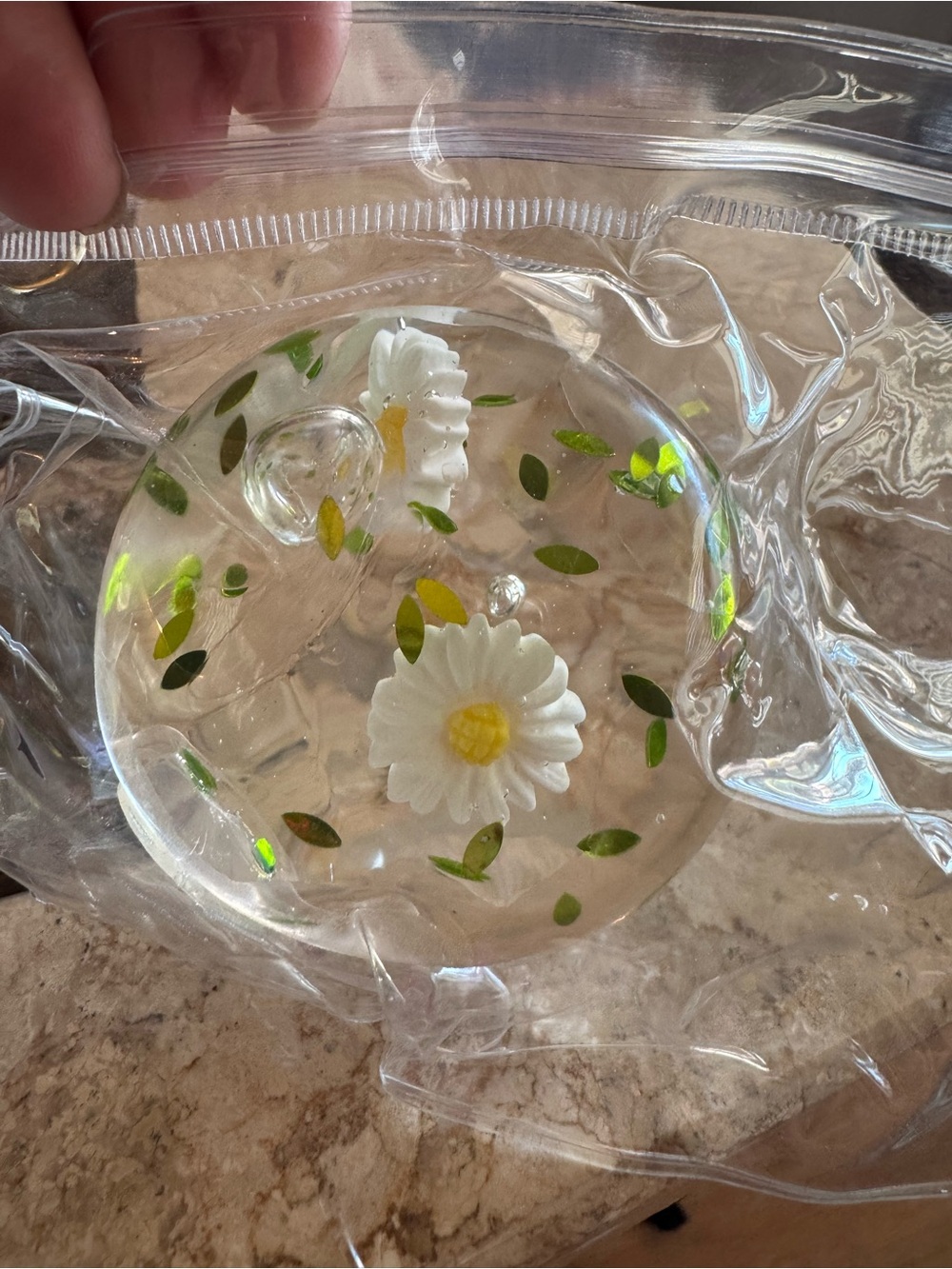 Clear squishy slow rising with White Daisy and Green Leaf Accents